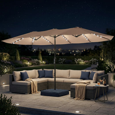 Outsunny Patio Umbrella Double-Sided Outdoor Umbrella with Solar Lights Base, Khaki 