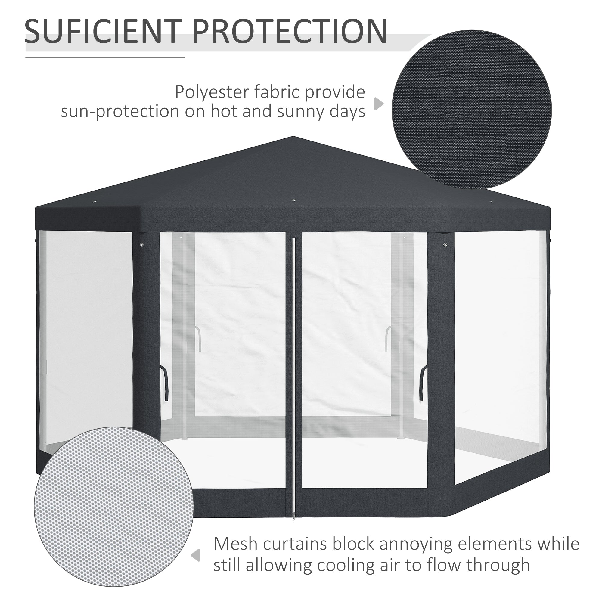 Outsunny 4M Hexagon Gazebo, Netting Party Tent, Patio Canopy Outdoor Event Shelter for Activities, Shade Resistant, Dark Grey