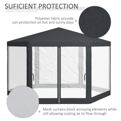 Outsunny 4M Hexagon Gazebo, Netting Party Tent, Patio Canopy Outdoor Event Shelter for Activities, Shade Resistant, Dark Grey 