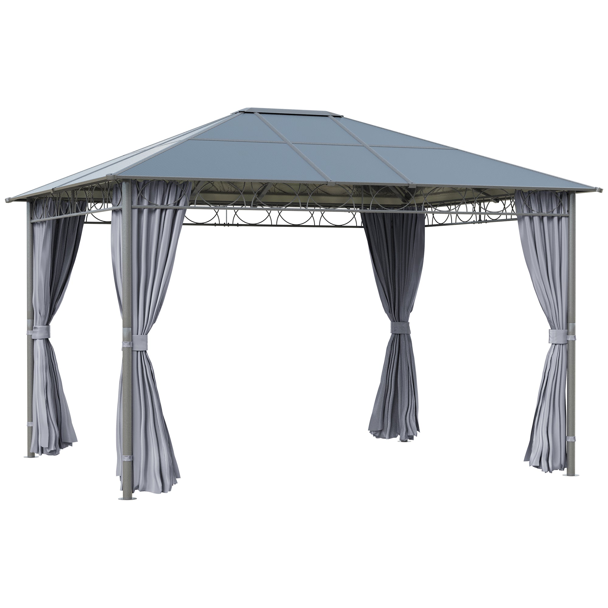 Outsunny 3 x 3.6m Hardtop Gazebo Canopy with Polycarbonate Roof, Permanent Pavilion Garden Gazebo with Curtains for Patio, Deck, Grey 