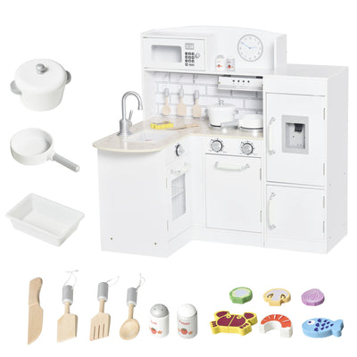 HOMCOM Kids Play Kitchen Wooden Toy Kitchen Cooking Set for Children with Drinking Fountain, Microwave, and Fridge White 