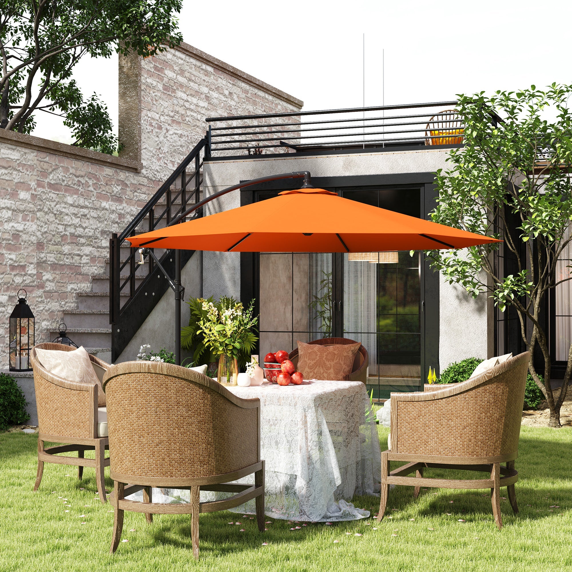 Outsunny 3(m) Overhanging Parasol, with Base - Orange 