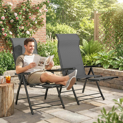 Outsunny Reclining Garden Chairs Set of 2, 5-Position Folding Sun Loungers with High Back, Retractable Footrest, Dark Grey 