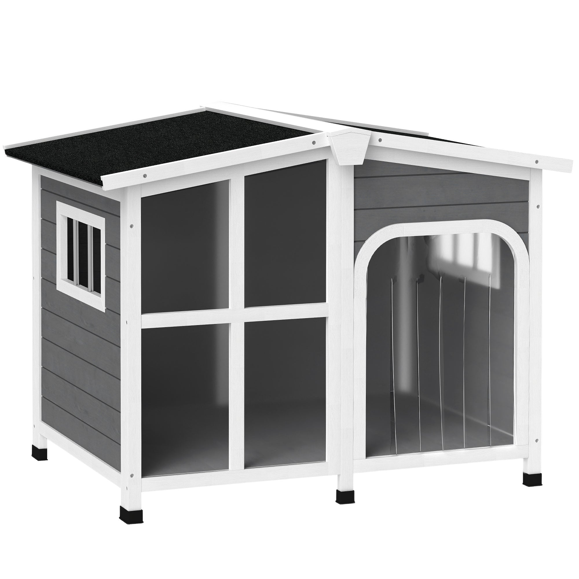 PawHut Wooden Dog Kennel with Removable Floor, Asphalt and Openable Roof, Giant Window for Large Dogs, Charcoal Grey 