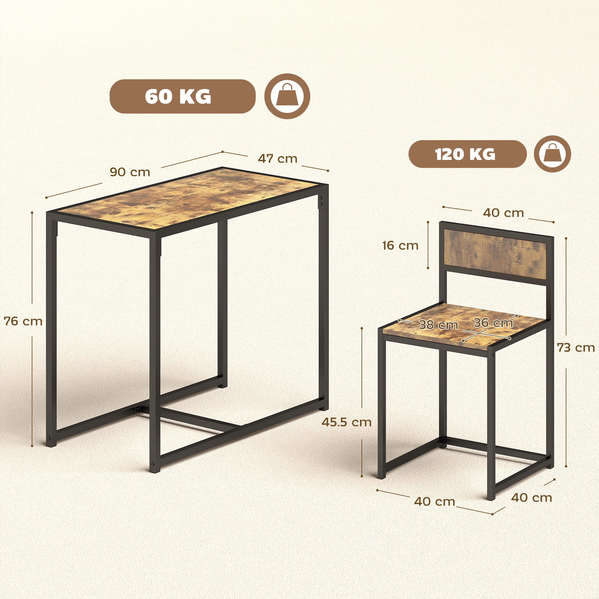 HOMCOM 3 Piece Table Stool Set - Rustic Brown 