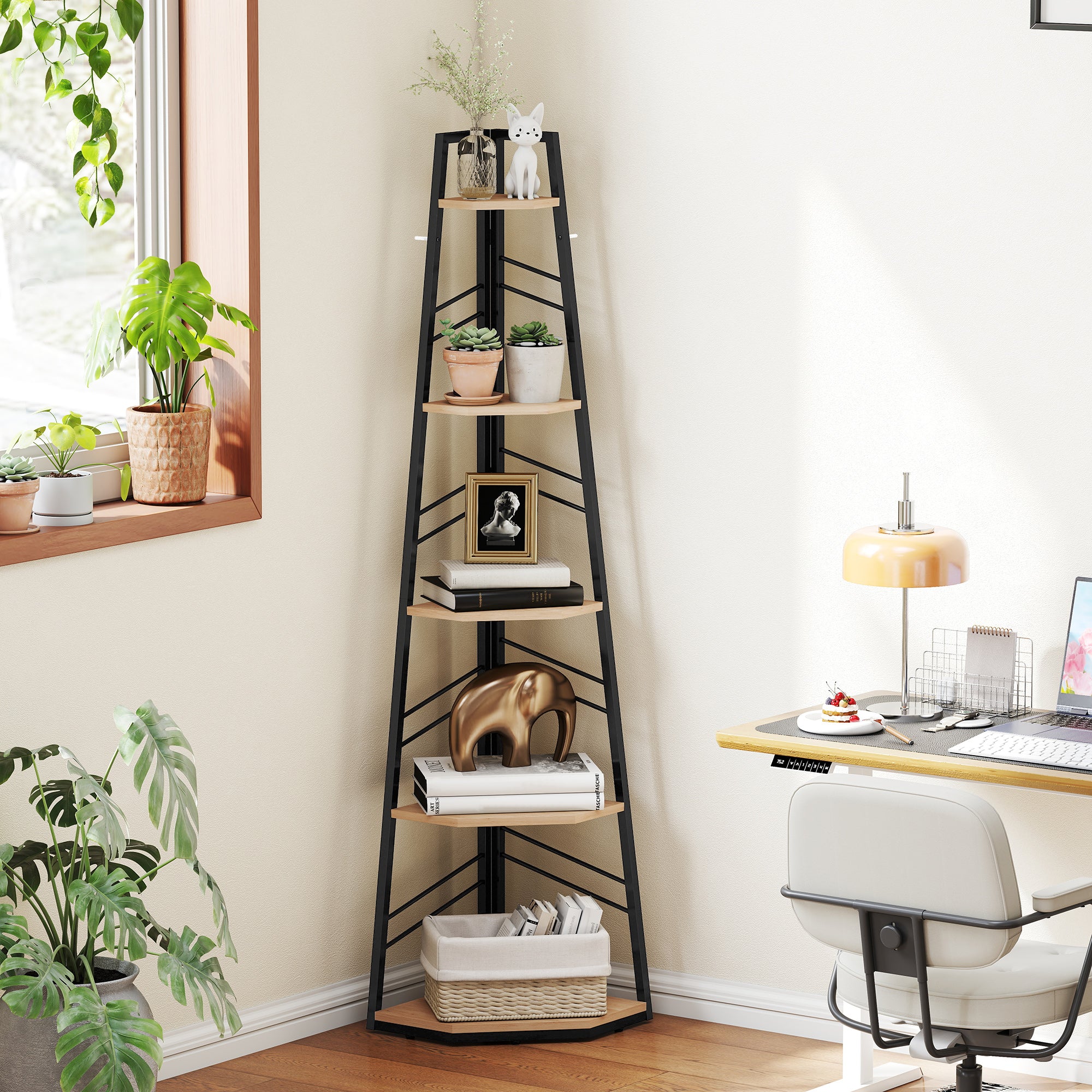 HOMCOM Corner Bookcase, 5-Tier Floor Standing Bookshelf, Shelving Unit for Living Room, Study, Bedroom, Natural Wood Finish 