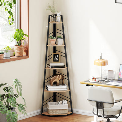 HOMCOM Corner Bookcase, 5-Tier Floor Standing Bookshelf, Shelving Unit for Living Room, Study, Bedroom, Natural Wood Finish 