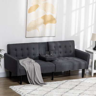 HOMCOM Upholstered Click Clack Sofa Bed, Linen-Feel 3 Seater Sofa Bed with Storage and Cupholders, Grey 