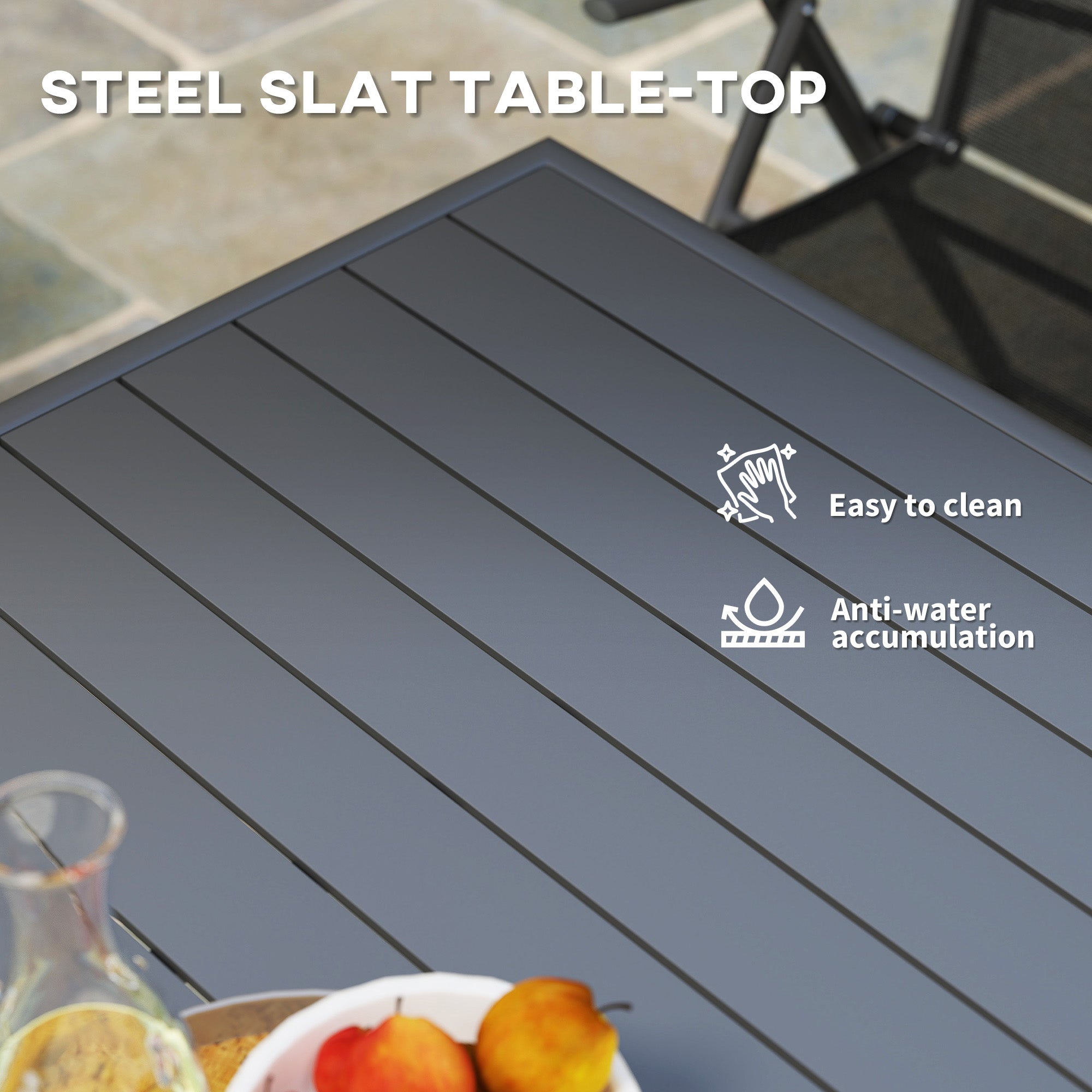 Outsunny Square Garden Table with Slat Top, Steel Frame, Outdoor Table for 4 Person, 80 x 80 x 74 cm, Grey 