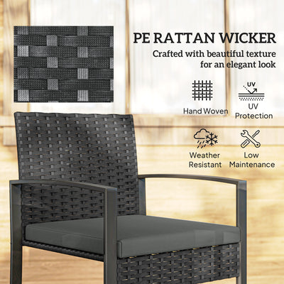 Outsunny Rattan Bistro Set, 3 Piece Garden Furniture Set with Glass Top Table and Cushions, Dark Grey 
