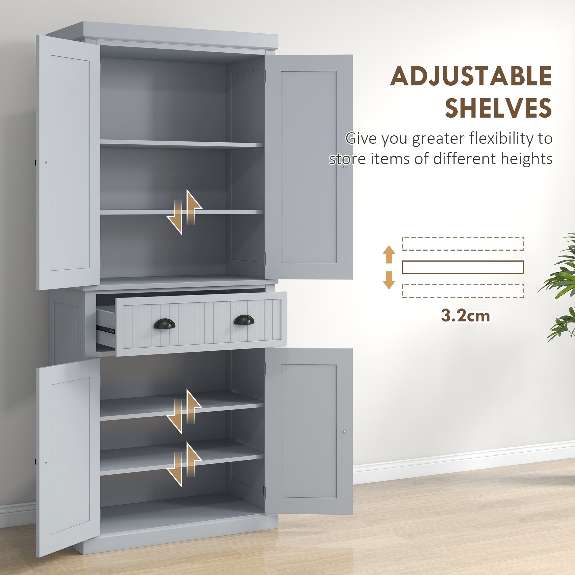 HOMCOM Multi-Storage Mid-Century Kitchen Cabinet - Grey 