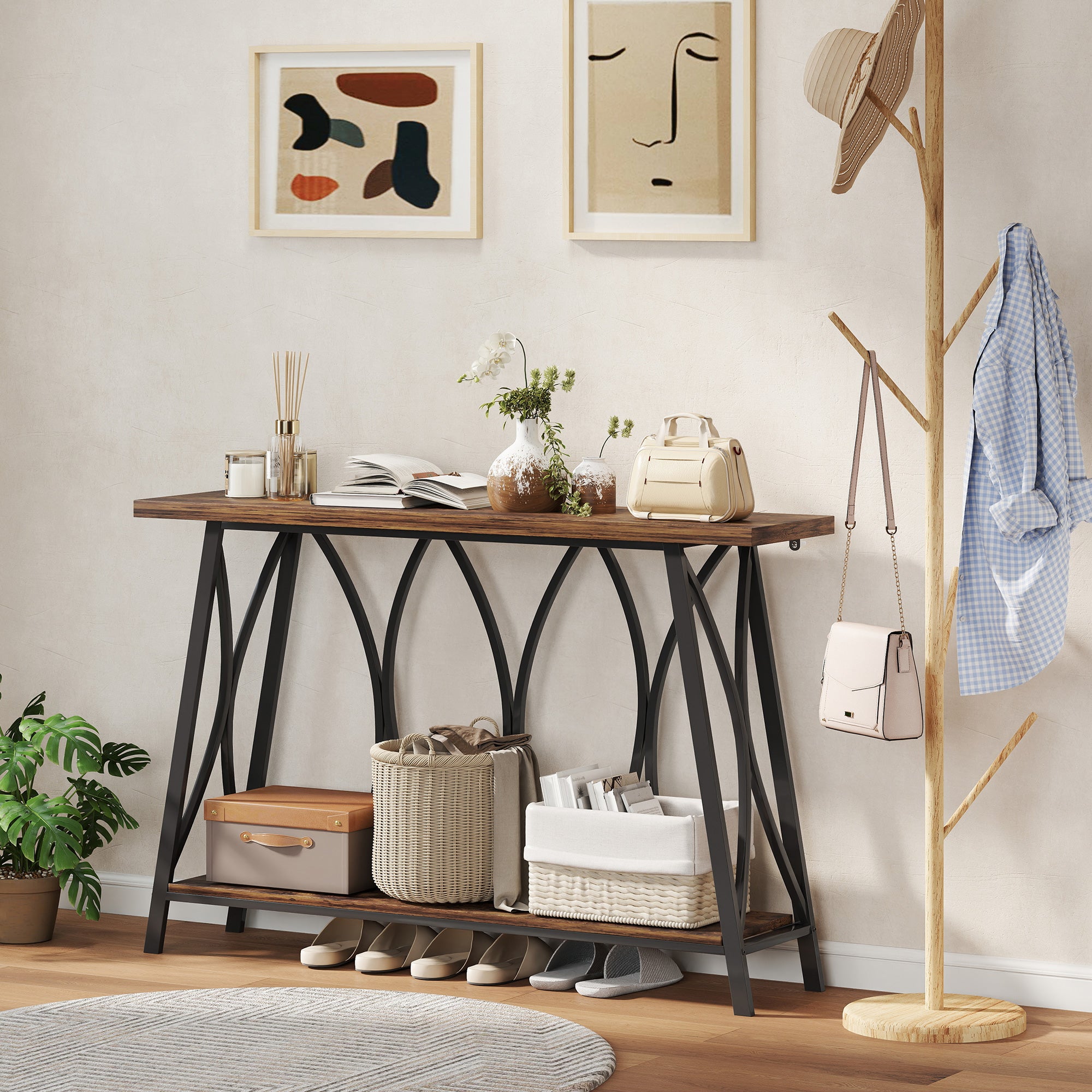 HOMCOM Narrow Console Table, Industrial 2-Tier Sofa Table with Metal Frame for Entryway, Living Room, 120x30x80cm, Rustic Brown 