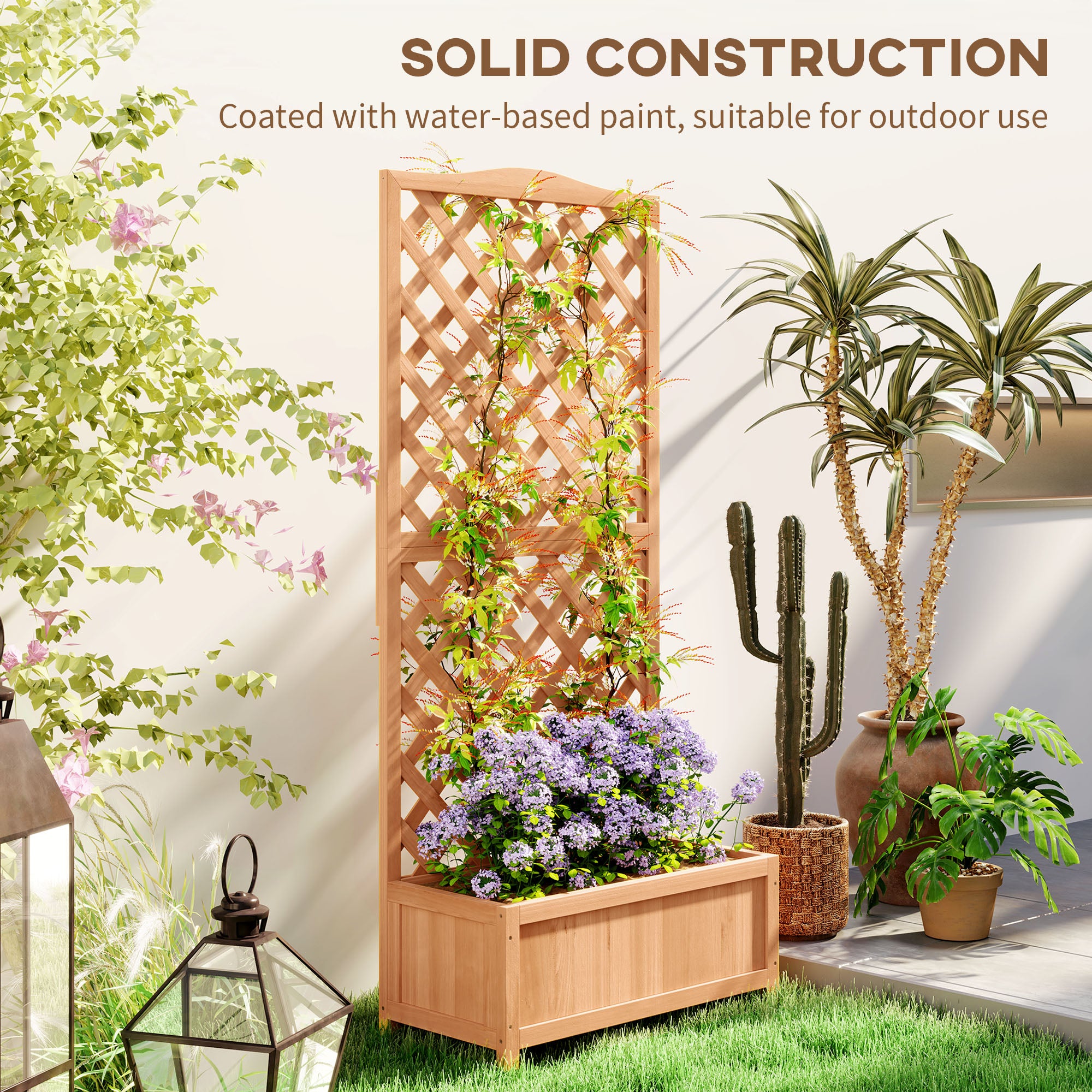 Outsunny Wooden Planter with Trellis, Freestanding Raised Bed for Garden with Lattice, Outdoor Planter Box for Climbing Plants, Vines, Flowers, 76 x 36 x 170 cm, Natural 