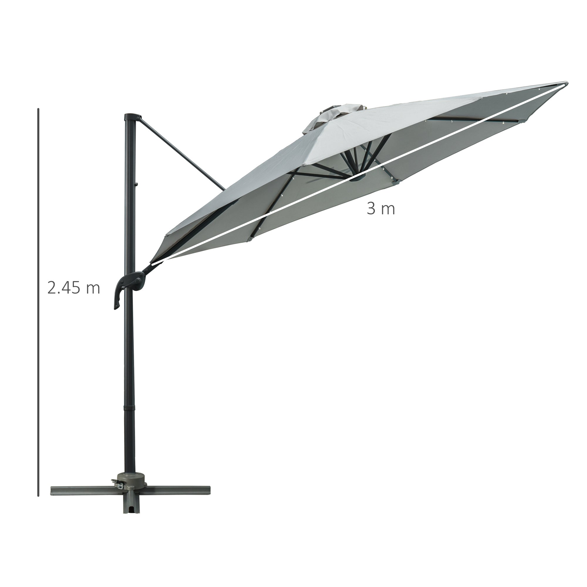 Outsunny 3(m) LED Cantilever Parasol Garden Sun Umbrella w/ Cross Base and Solar Lights Grey 