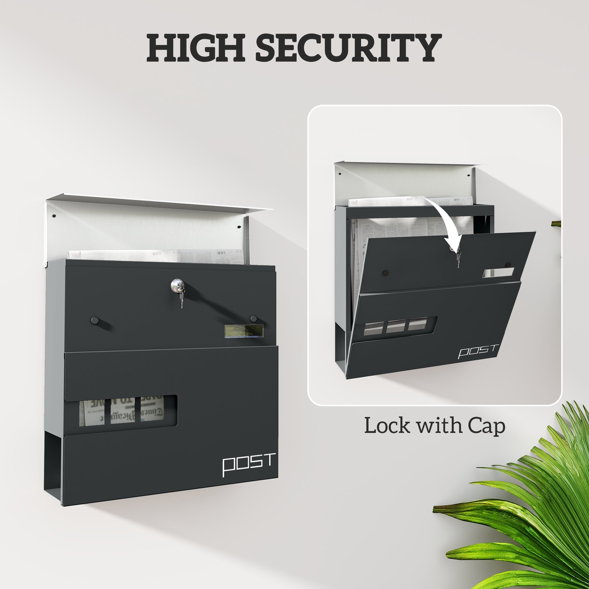 HOMCOM Locking Galvanised Steel Letterbox - Charcoal Grey/Black 