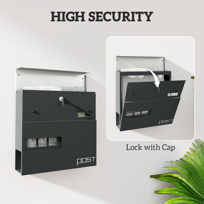 HOMCOM Locking Galvanised Steel Letterbox - Charcoal Grey/Black 