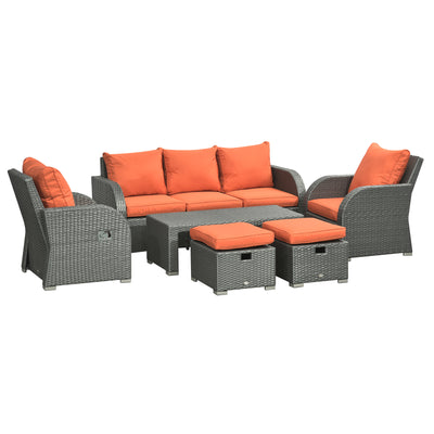 Outsunny Six-piece Outdoor Rattan Dining Set, with Reclining Armchairs - Orange 