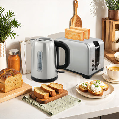HOMCOM Simple Polished Toaster and Kettle Set - Silver Tone 