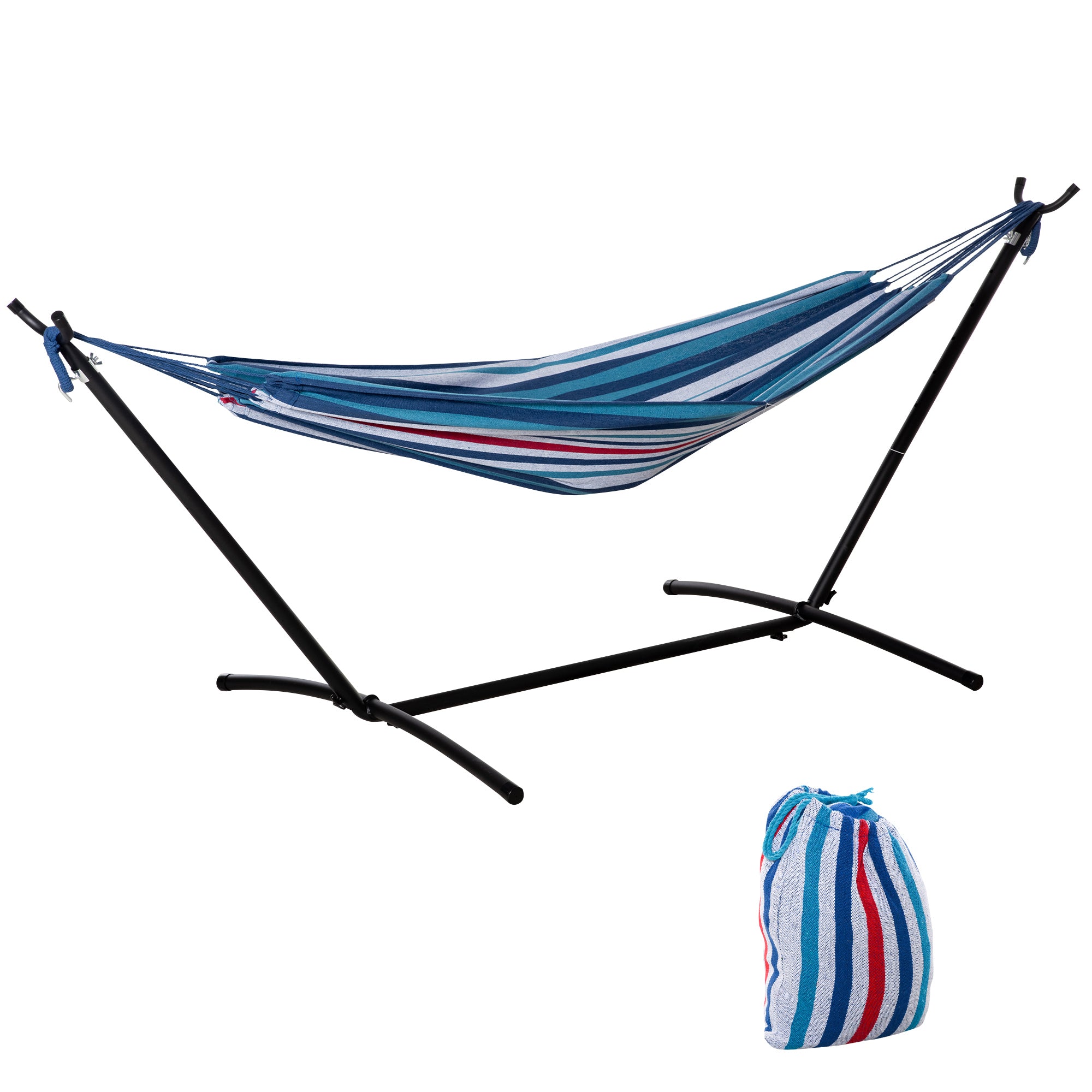 Outsunny 298 x 117cm Hammock with Stand Camping Hammock with Portable Carrying Bag, Adjustable Height, 120kg Load Capacity, White Stripe 