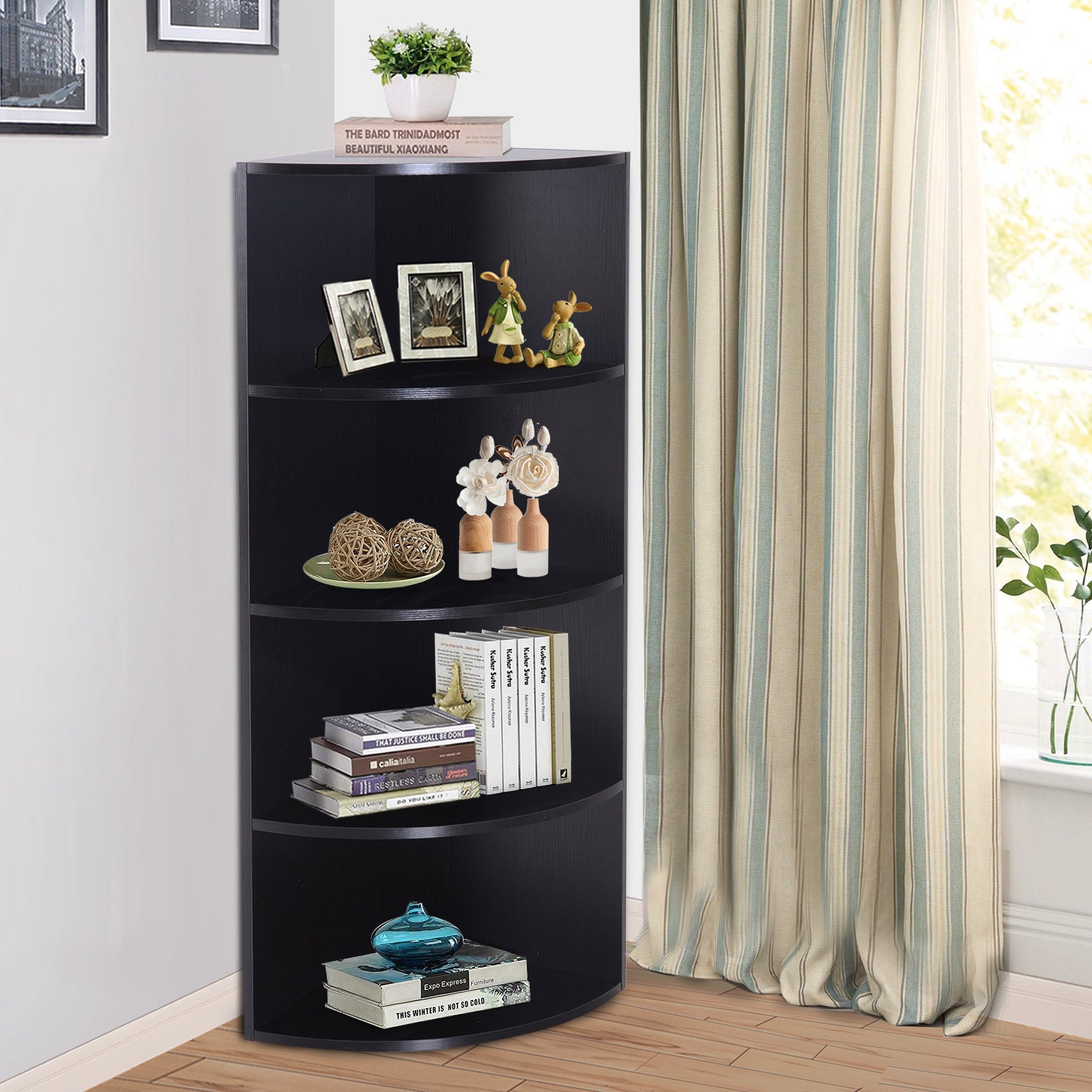 HOMCOM 4-Tier Corner Open Shelf Bookcase Freestanding Fan Bookshelf Plants Stand, 40x40x120cm, Black 