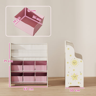 AIYAPLAY Kids Storage Unit, Toy Organiser with 6 Fabric Drawers and 2-Tier Sling Book Rack for Bedroom, Playroom, Nursery, Pink 