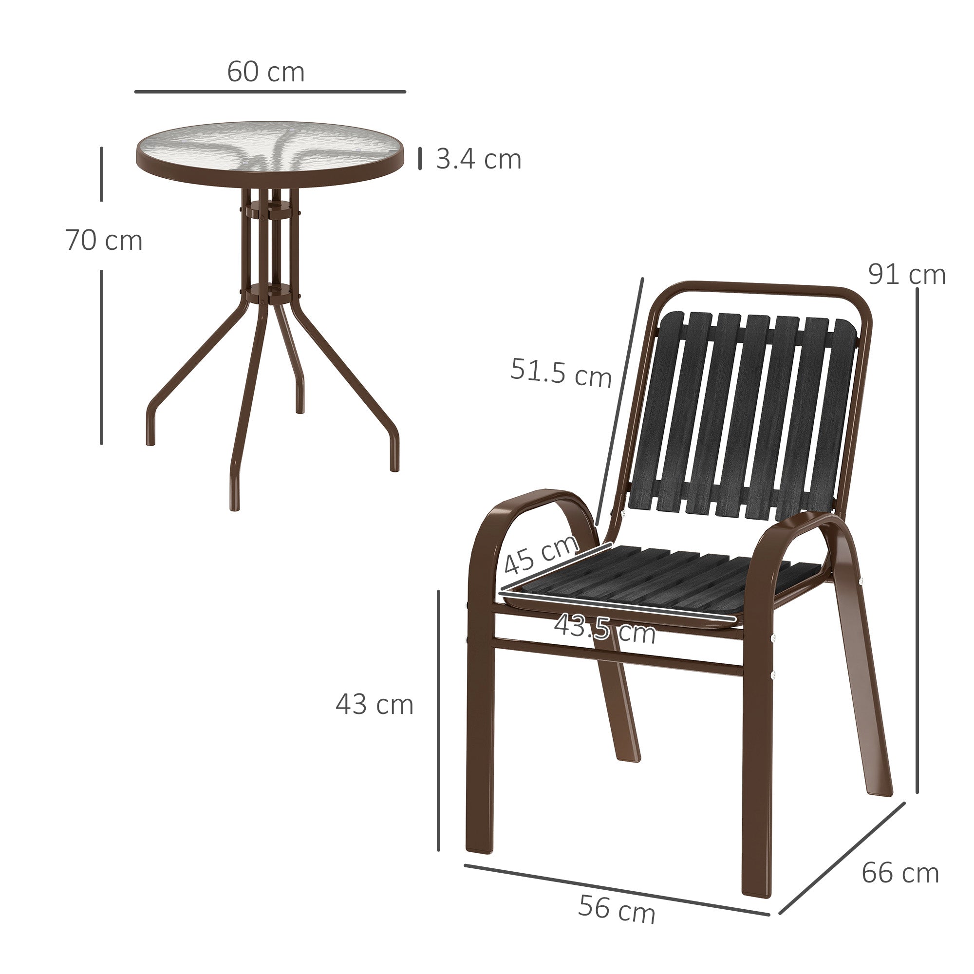 Outsunny 3 Pieces Patio Bistro Set with Stackable Chairs, Tempered Glass Table, for Outdoor, Balcony, Patio, Garden Charcoal Grey 