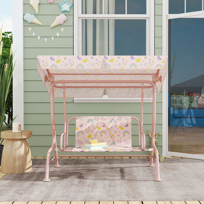 AIYAPLAY Kids Garden Swing Chair with Adjustable Canopy, Safety Belt, 2 Seater Hammock Swing Bench for Patio, Porch, Pink 
