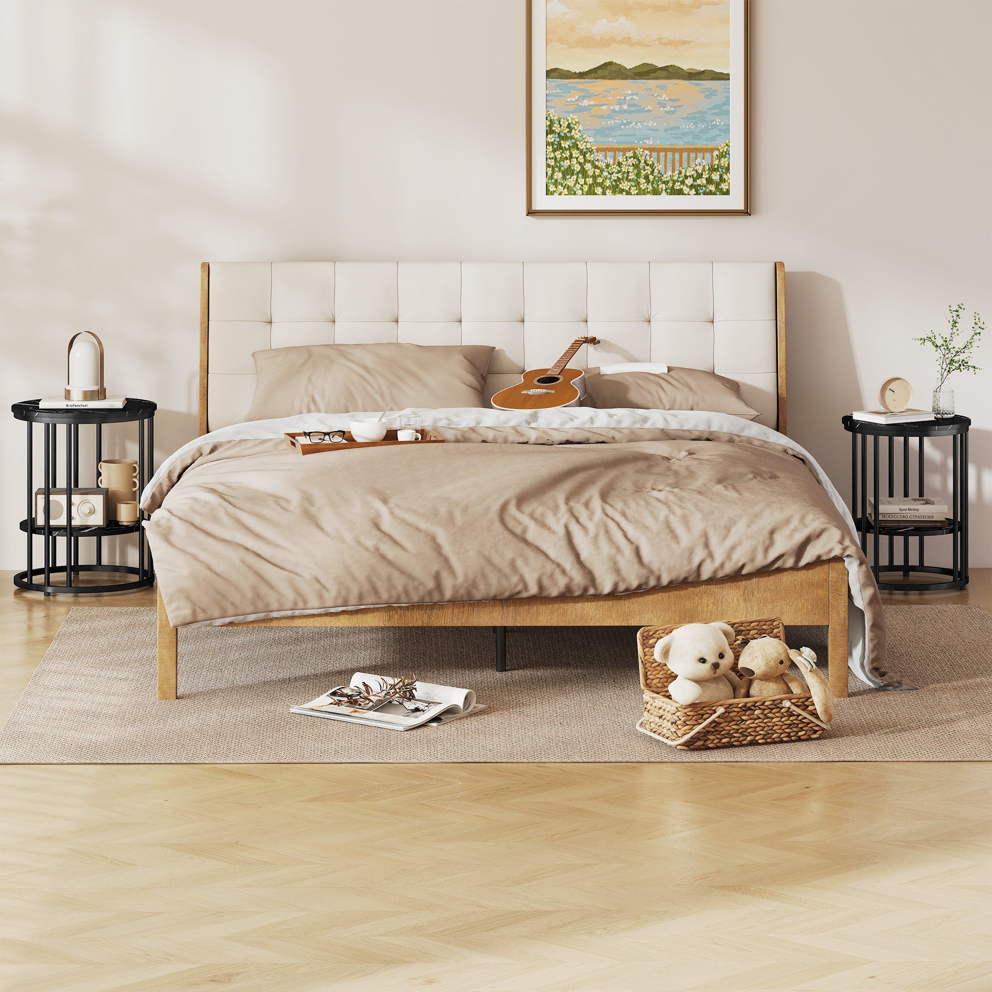 HOMCOM Set of Two Marble-Effect Coffee Tables - Black 