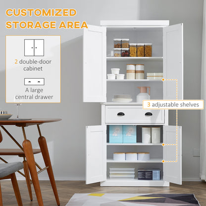 HOMCOM Freestanding Kitchen Cupboard, 184cm Tall Storage Cabinet with Doors and Shelves, Traditional Colonial 4-Door Kitchen Pantry Cupboard with Drawer, White 