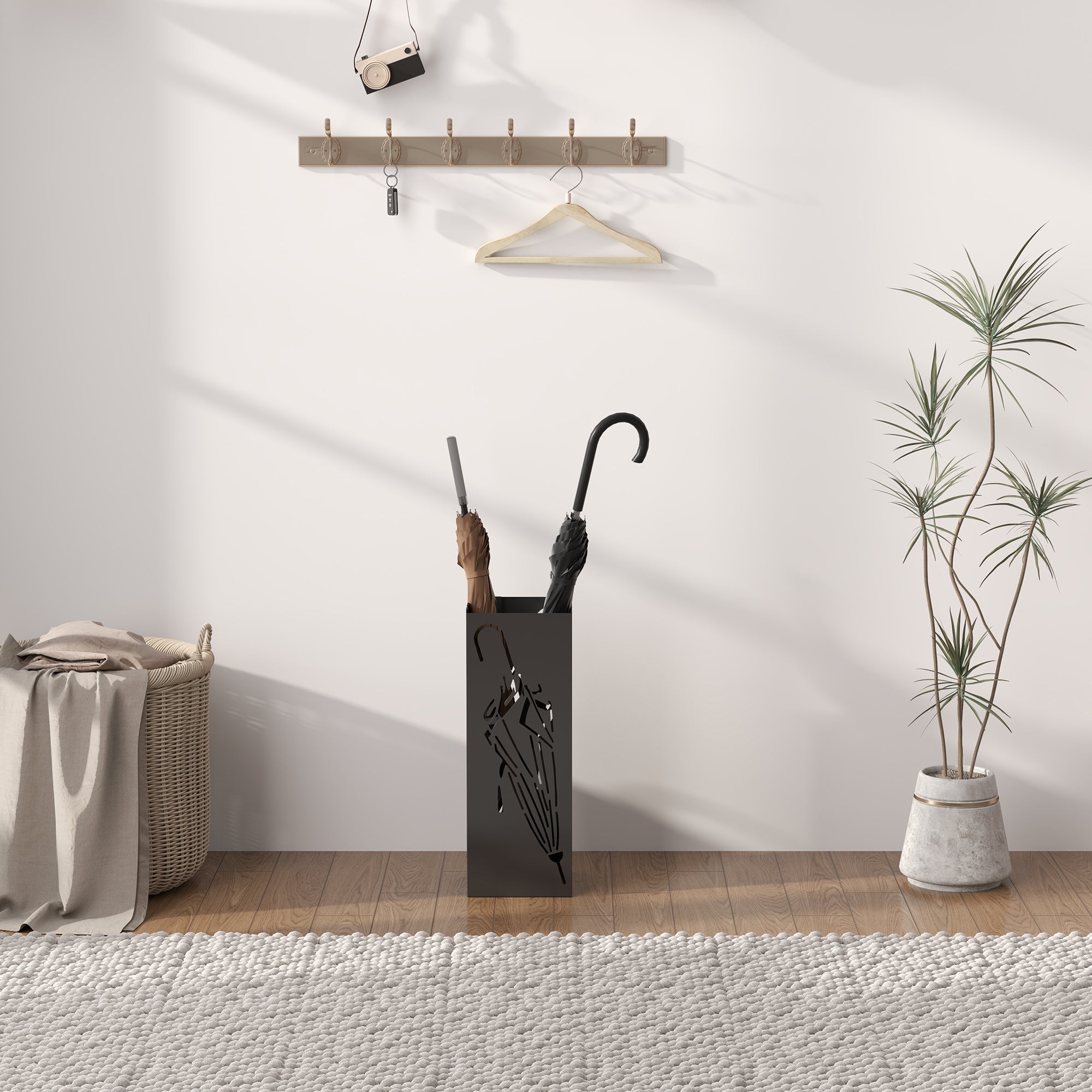 HOMCOM Metal Umbrella Stand, Square Umbrella Holder with 4 Hooks and Removable Drip Tray, Decorative Umbrella Storage Rack for Entryway, Hallway, 15.5 x 15.5 x 41 cm, Black 