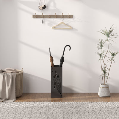HOMCOM Metal Umbrella Stand, Square Umbrella Holder with 4 Hooks and Removable Drip Tray, Decorative Umbrella Storage Rack for Entryway, Hallway, 15.5 x 15.5 x 41 cm, Black 