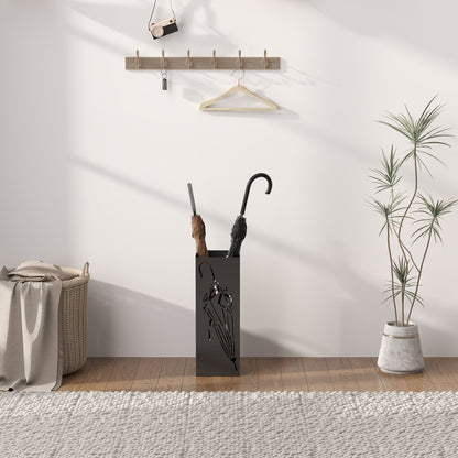 HOMCOM Metal Umbrella Stand, Square Umbrella Holder with 4 Hooks and Removable Drip Tray, Decorative Umbrella Storage Rack for Entryway, Hallway, 15.5 x 15.5 x 41 cm, Black 