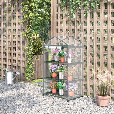 Outsunny 3 Tier Mini Greenhouse Portable Garden Grow House with Roll Up Door and Wire Shelves, 69L x 49W x 125H cm, Clear 
