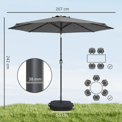 Outsunny 2.7 m Garden Parasol Umbrella with Cross Base and Sandbag, Retractable Ribs, Outdoor Table Market Umbrella, Light Grey 