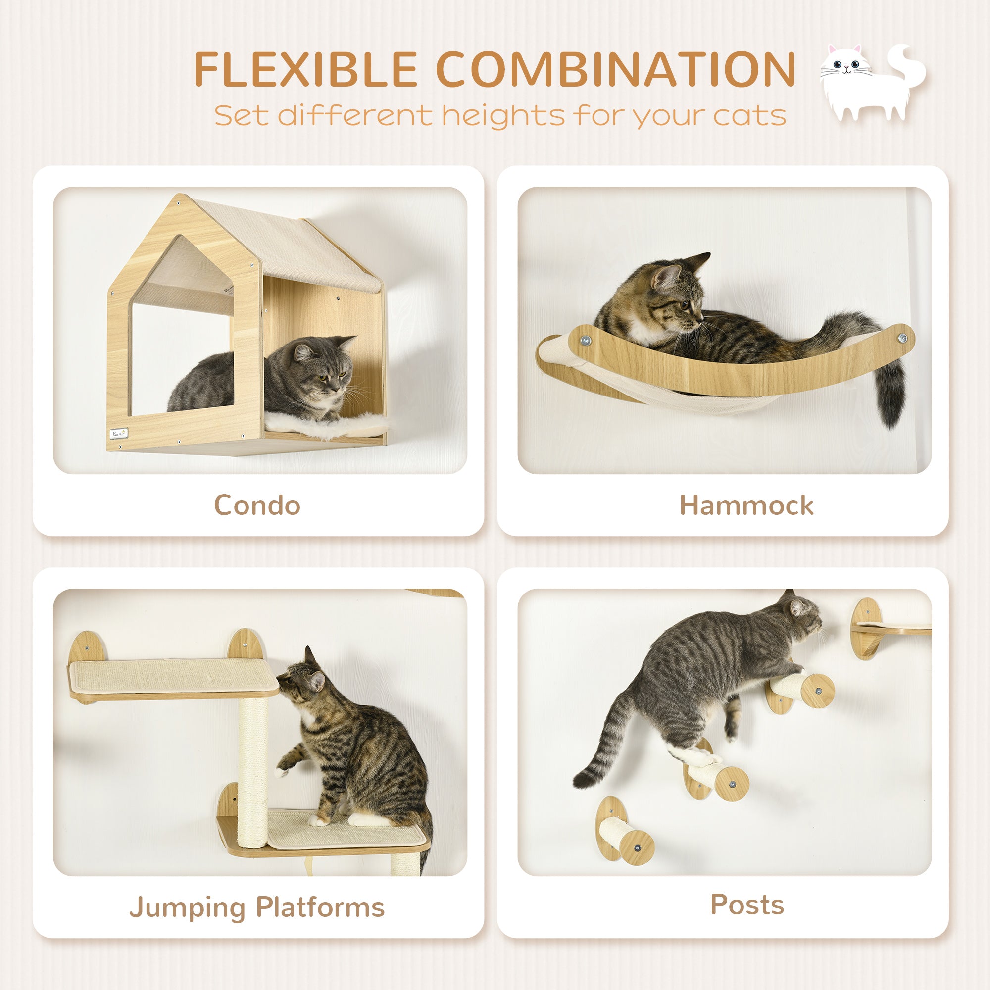 PawHut 8 Piece Cat Shelves Set, with Cat House, Three Perches, Three Scratching Posts 