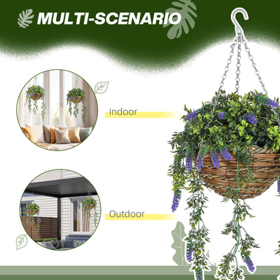 HOMCOM Set of 2 Decorative Artificial Plants, Faux Silk Lavender Flowers in Hanging Baskets, Fake Plants for Home Indoor Outdoor Decor, Purple 