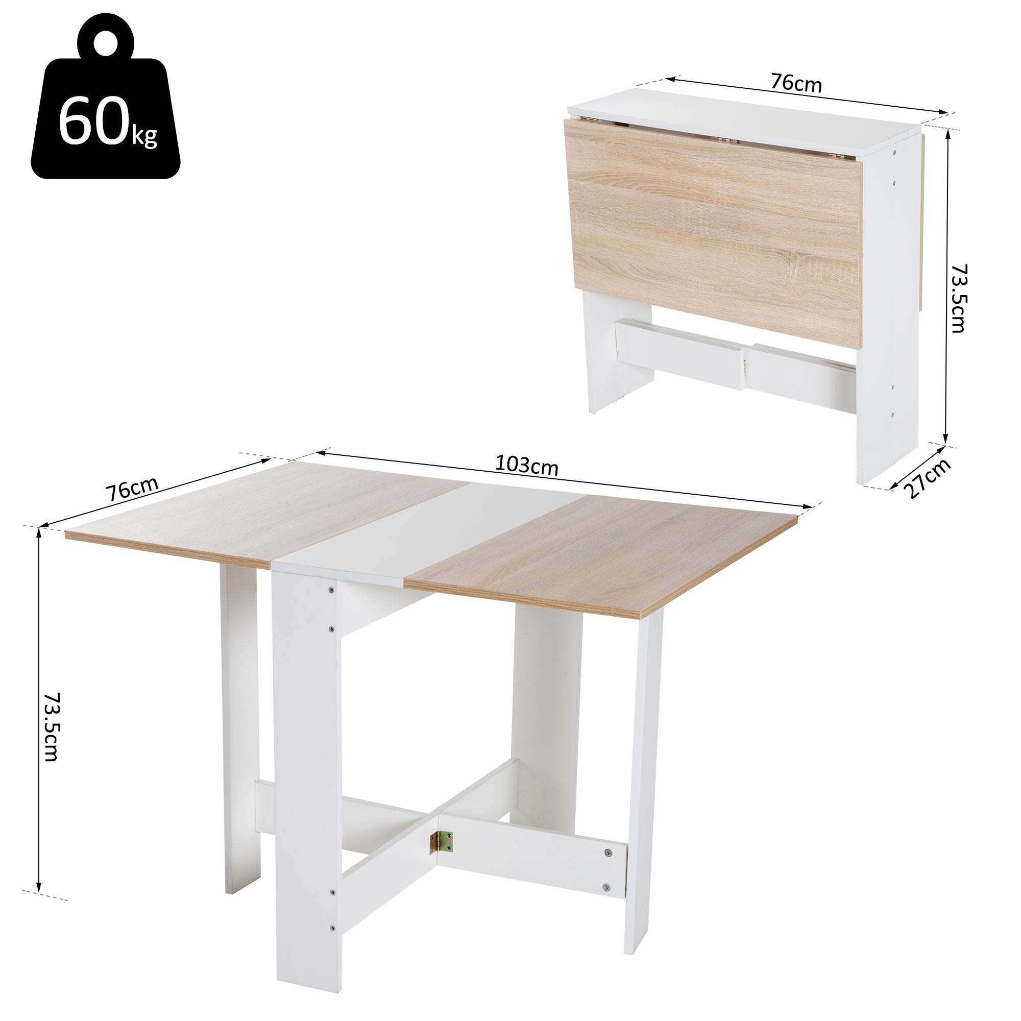 HOMCOM Wooden Folding Dining Table Writing Computer Desk PC Workstation Space Saving Home Office Oak & White 