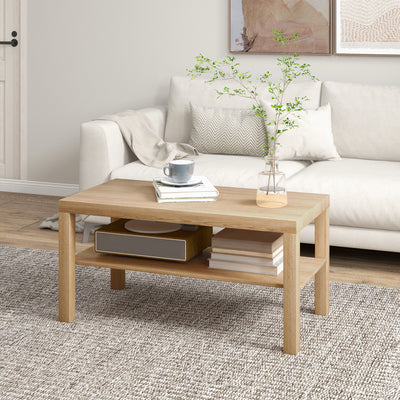 HOMCOM 2-Tier Coffee Table with Storage Shelf, Rectangular Centre Table for Living Room, Home Office, Natural Wood Finish 