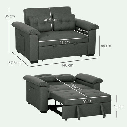 HOMCOM Pull Out Sofa Bed with 2 Pocket Springs, Fabric 2 Seater Click Clack Sofa Bed Settee, Convertible Sofa Couch with Pillows and Side Pockets for Living Room, Home Office, Charcoal Grey 