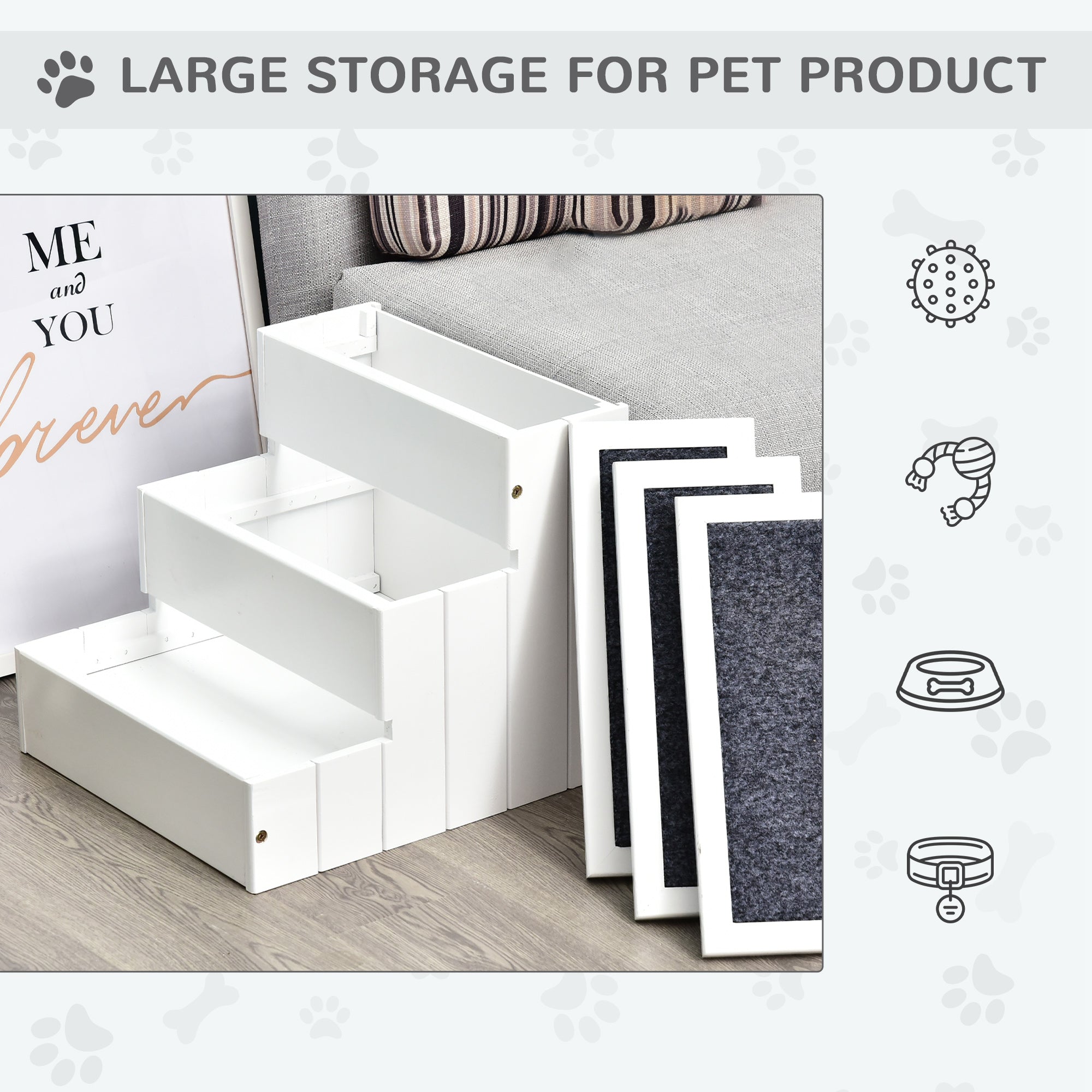 PawHut 3 Step Wooden Dog Steps Pet Stairs for Dogs, Cat Ladder for Bed Couch with Storage White 