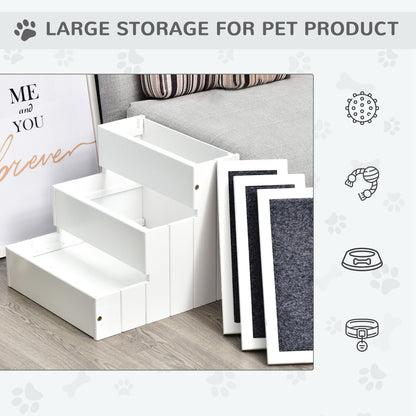 PawHut 3 Step Wooden Dog Steps Pet Stairs for Dogs, Cat Ladder for Bed Couch with Storage White 