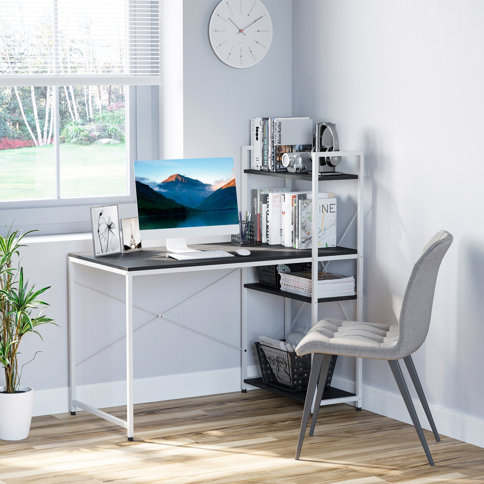HOMCOM Computer Desk with Storage Shelves on Left or Right, Industrial Reversible Writing Desk for Home Office, Study, Easy Assembly, 120 x 64 x 121cm, Black and White 