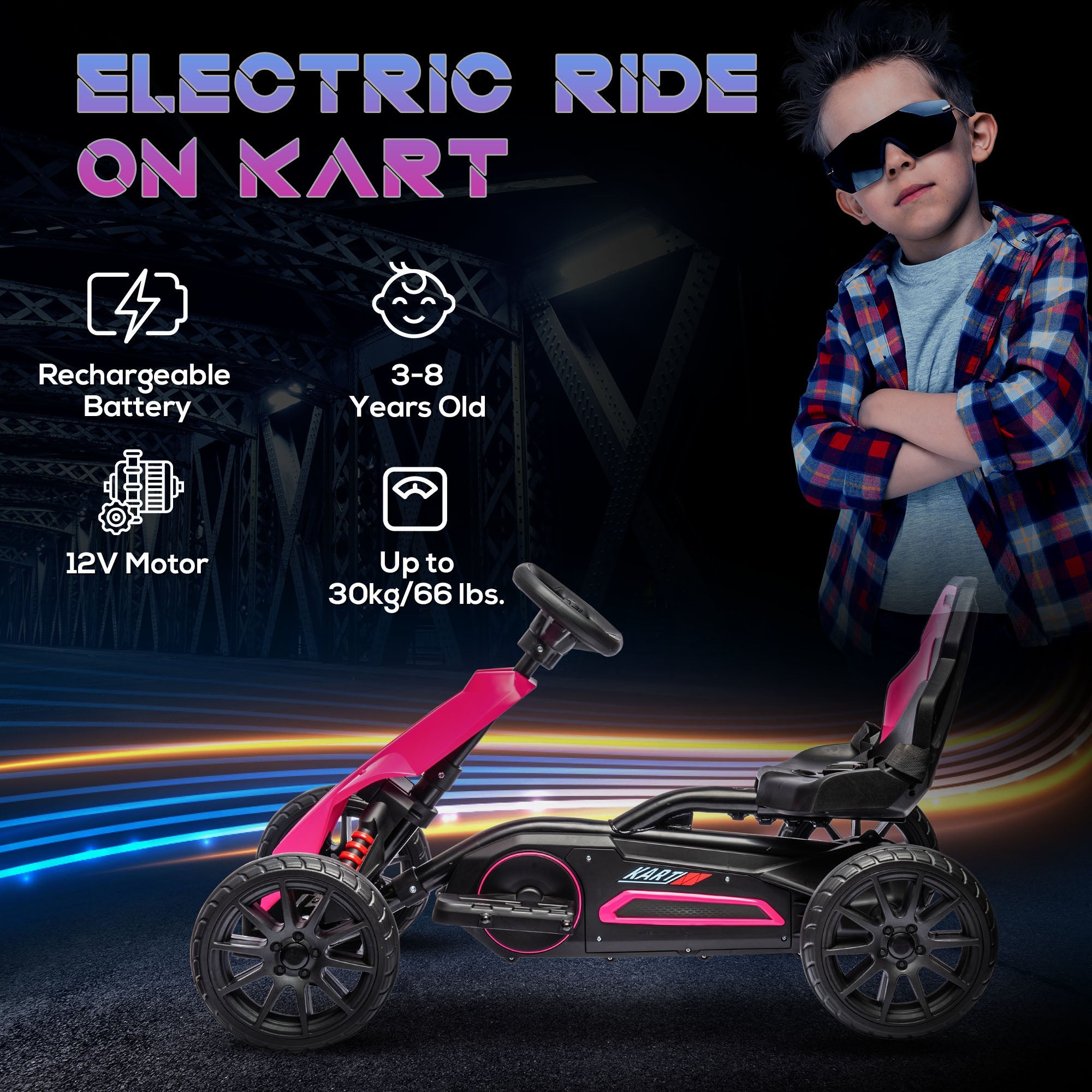HOMCOM 12V Electric Go Kart for Kids, Ride-On Racing Go Kart with Forward Reversing, Rechargeable Battery, 2 Speeds, for Boys Girls Aged 3-8 Years Old - Pink 