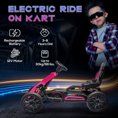 HOMCOM 12V Electric Go Kart for Kids, Ride-On Racing Go Kart with Forward Reversing, Rechargeable Battery, 2 Speeds, for Boys Girls Aged 3-8 Years Old - Pink 