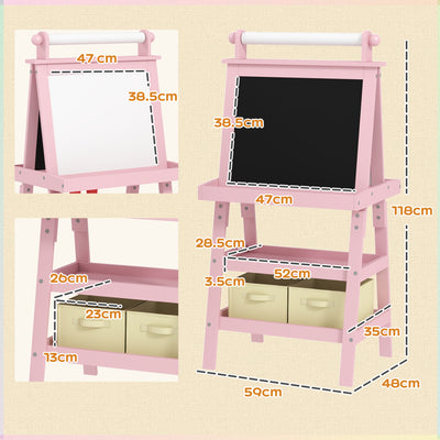 AIYAPLAY 3 in 1 Kids Easel Double-Sided Magnetic Whiteboard and Chalkboard with Paper Roll, Storage Baskets - Pink 