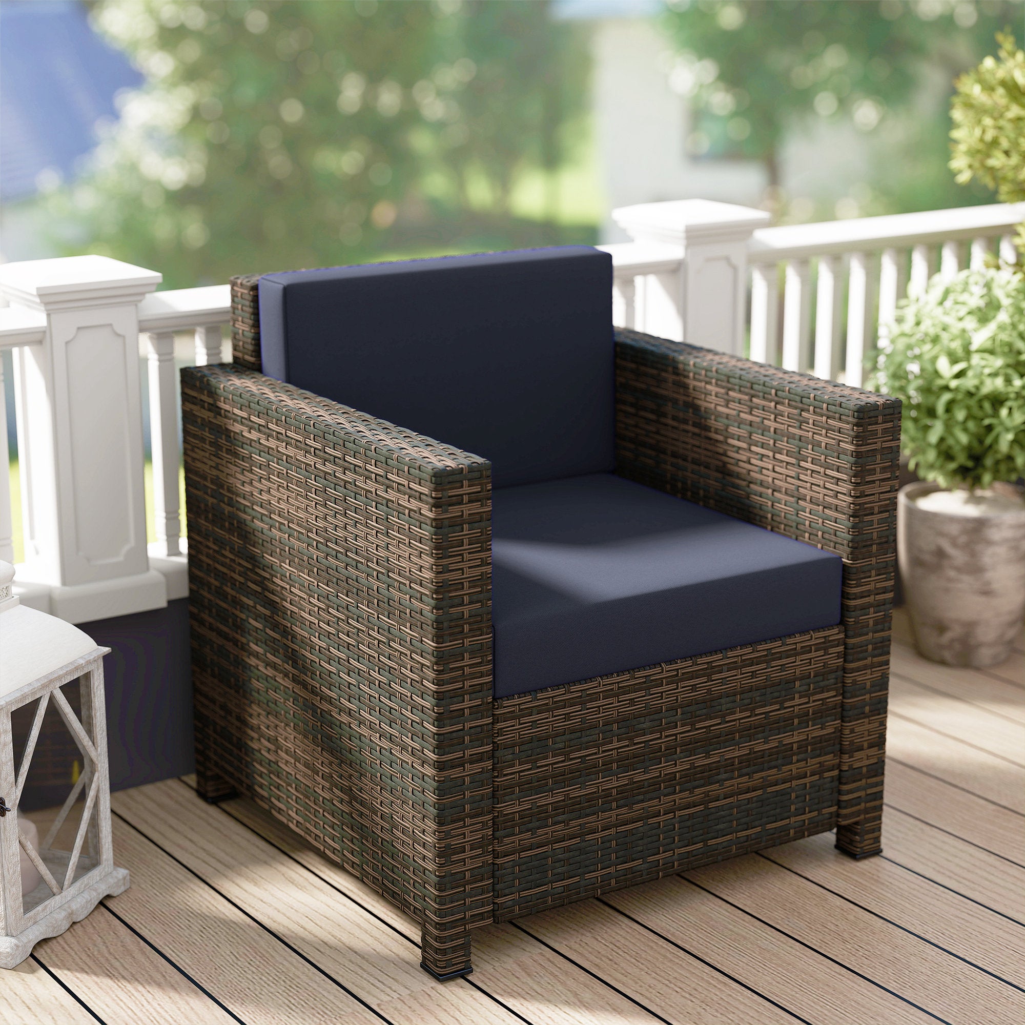 Outsunny PE Rattan Garden Armchair with Cushion - Mixed Brown/Navy Blue 