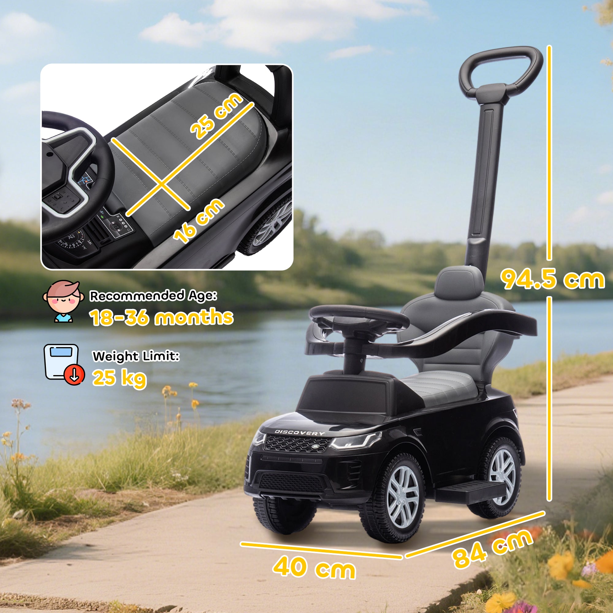AIYAPLAY Land Rover Discovery Licensed Baby Push Car, 2-in-1 Ride on Car with Push Handle and Safety Guardrail, Black 