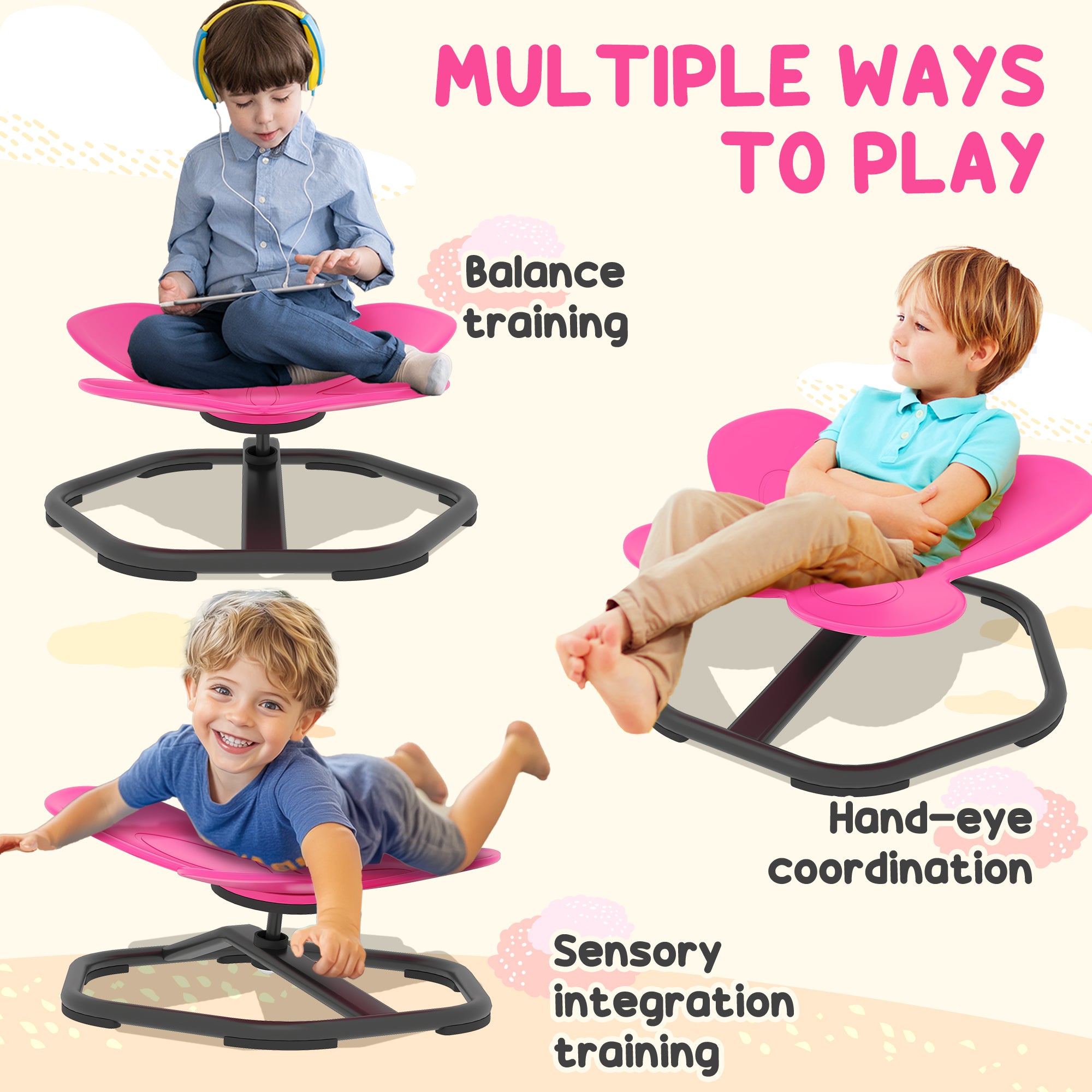 AIYAPLAY Butterfly-Shaped-kids Swivel Chair, Sensory Spinning Chair for Balance, Coordination Training, Pink