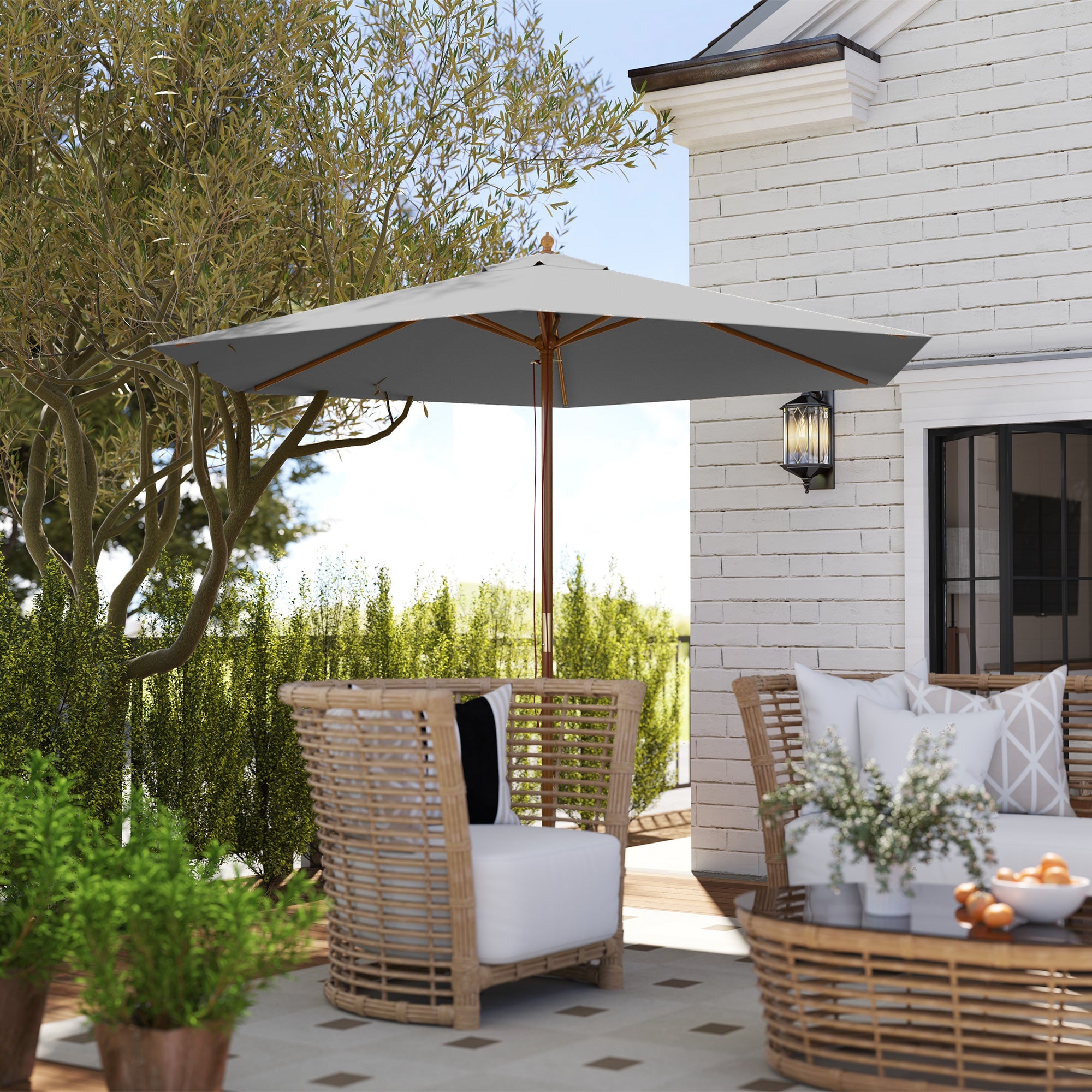 Outsunny 2.5m Wood Garden Parasol Sun Shade Patio Outdoor Wooden Umbrella Canopy Light Grey 