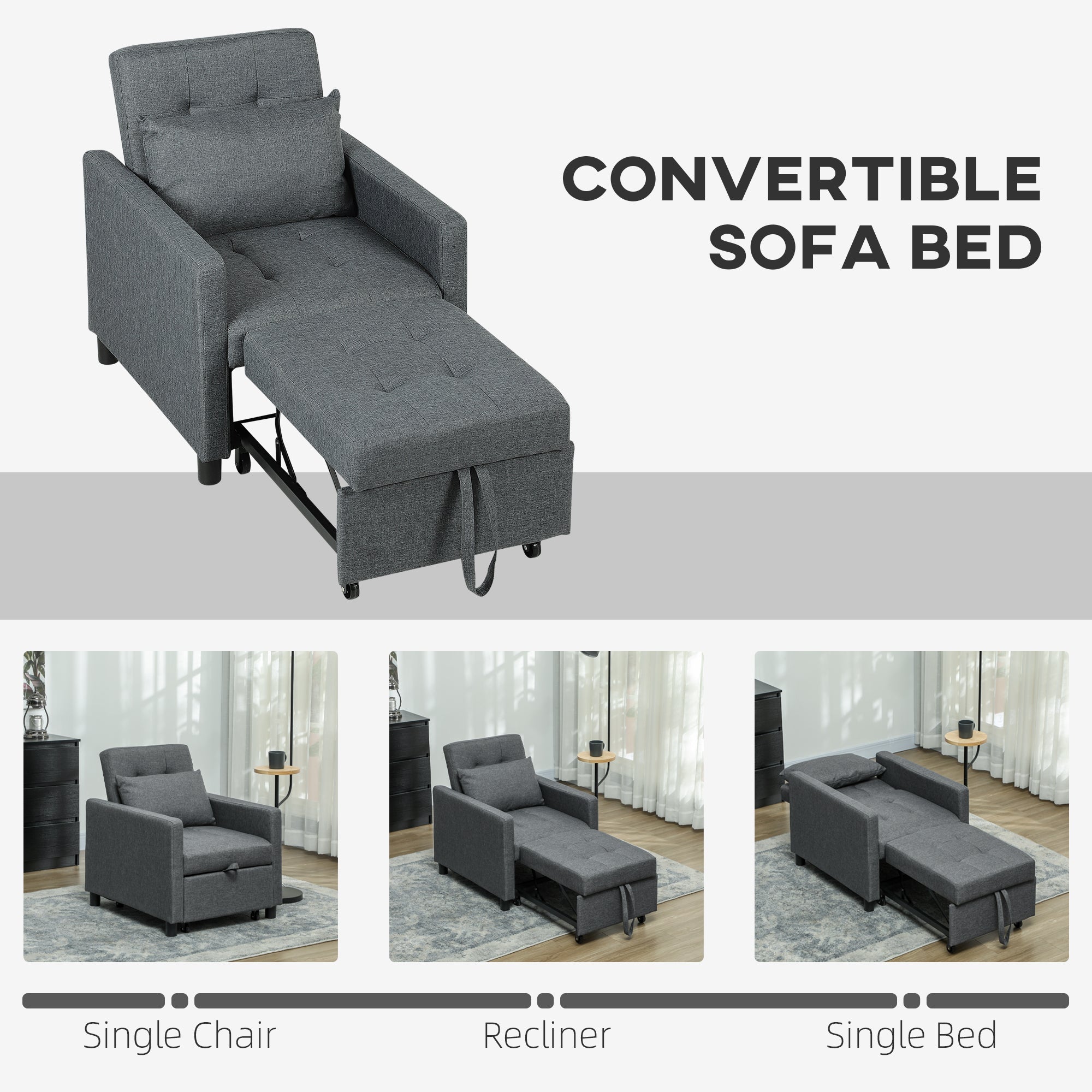 HOMCOM 3-In-1 Chair Bed, Convertible Sleeper Chair with Adjustable Backrest, Pillow and Footrest for Living Room, Dark Grey 
